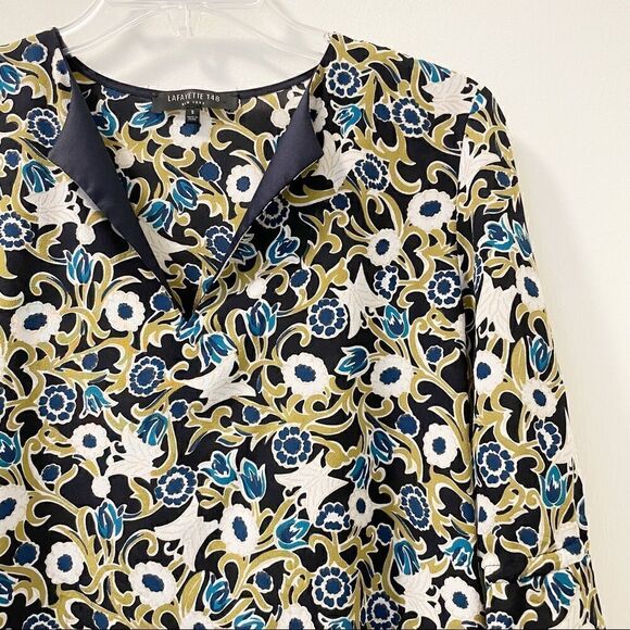 Lafayette 148 New York Floral V-Neck Blouse 3/4 Tie Sleeve Black Blue Green S - Picture 2 of 7